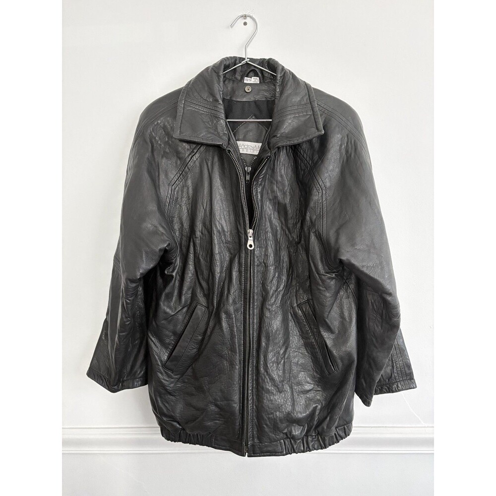 Vintage Andrew Marc Leather Jacket XS Black Bomber Moto Oversized Made in Korea